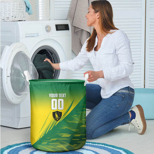 Personalized Socceroos Sport Laundry Basket Green Gold Dynamic Wave Pattern