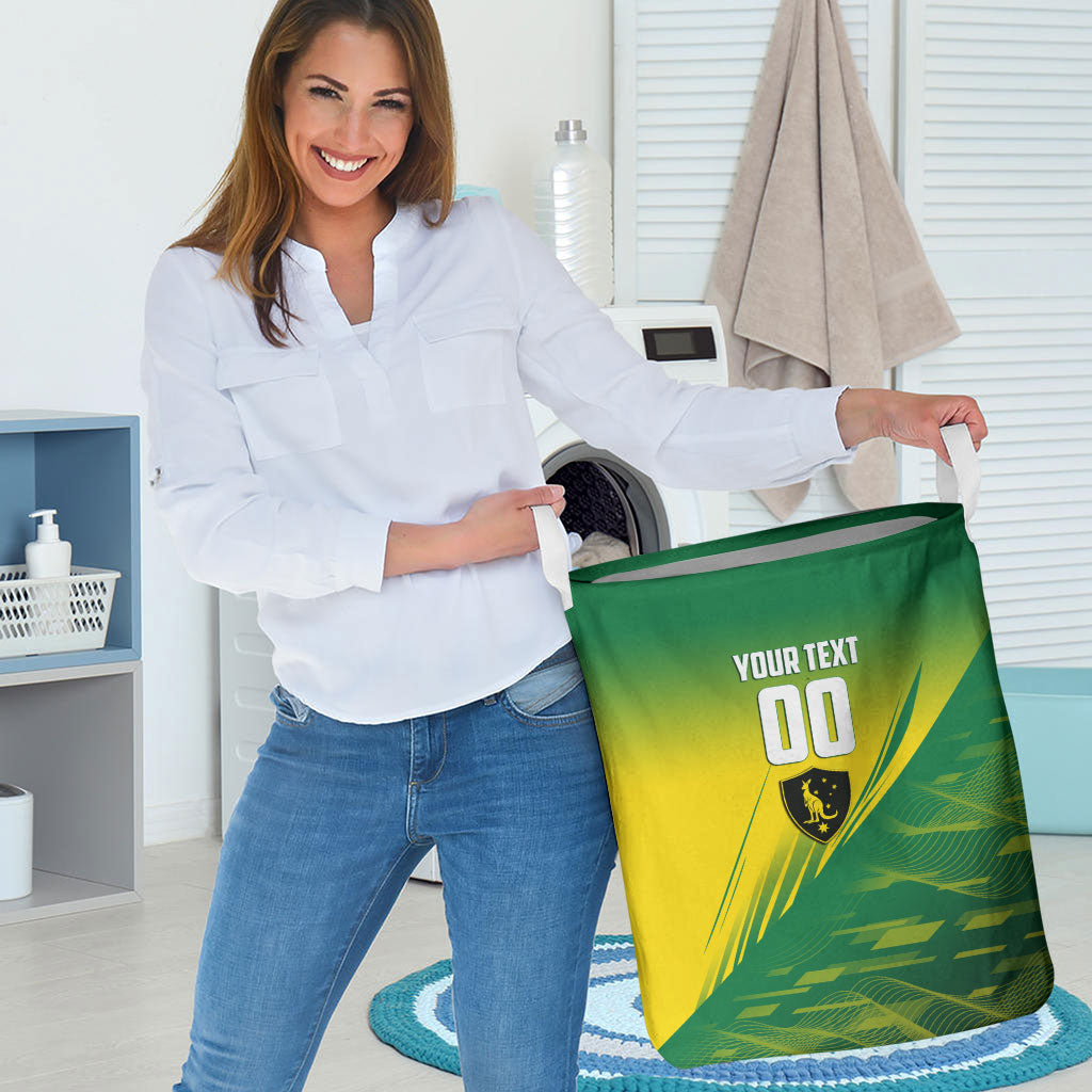 Personalized Socceroos Sport Laundry Basket Green Gold Dynamic Wave Pattern