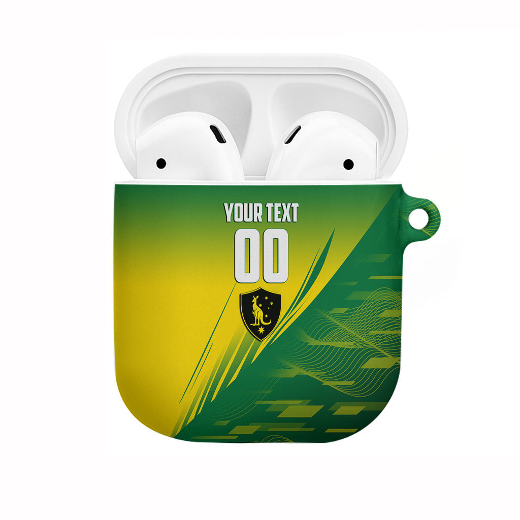 Personalized Socceroos Sport AirPods Case Green Gold Dynamic Wave Pattern