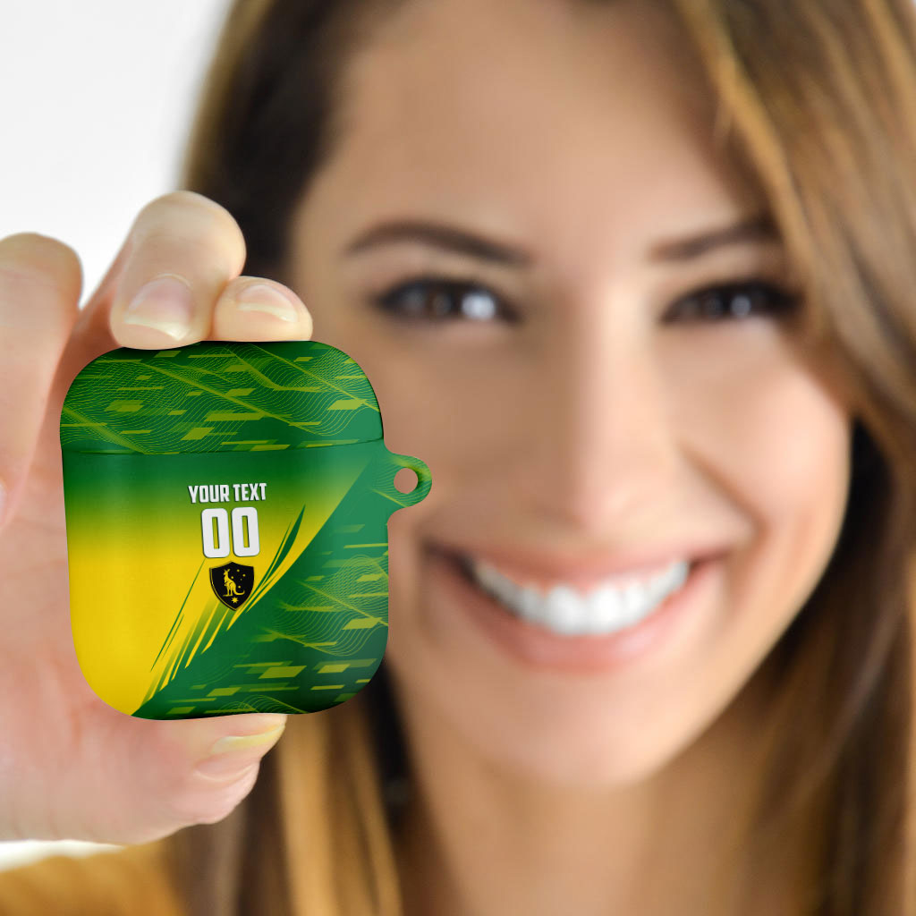 Personalized Socceroos Sport AirPods Case Green Gold Dynamic Wave Pattern