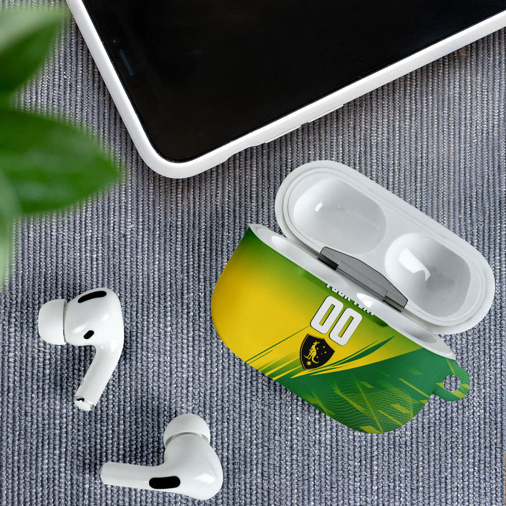 Personalized Socceroos Sport AirPods Case Green Gold Dynamic Wave Pattern