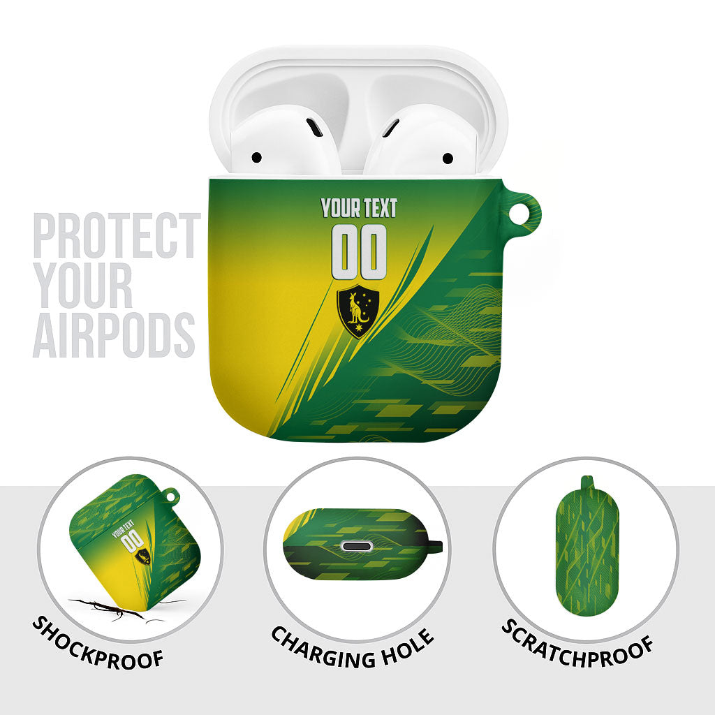 Personalized Socceroos Sport AirPods Case Green Gold Dynamic Wave Pattern