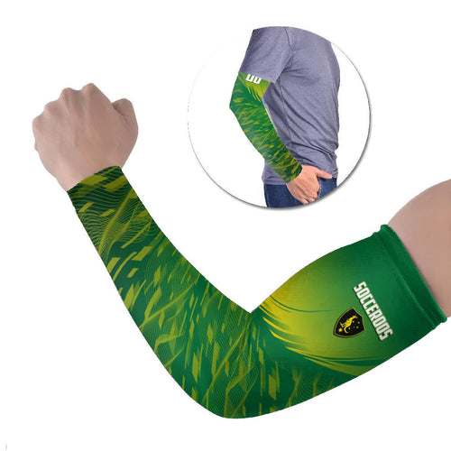 Personalized Socceroos Sport Arm Sleeves Green Gold Dynamic Wave Pattern