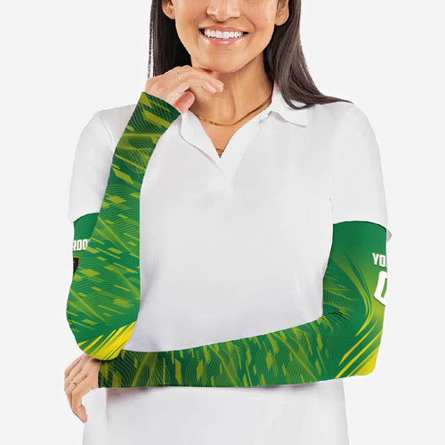Personalized Socceroos Sport Arm Sleeves Green Gold Dynamic Wave Pattern