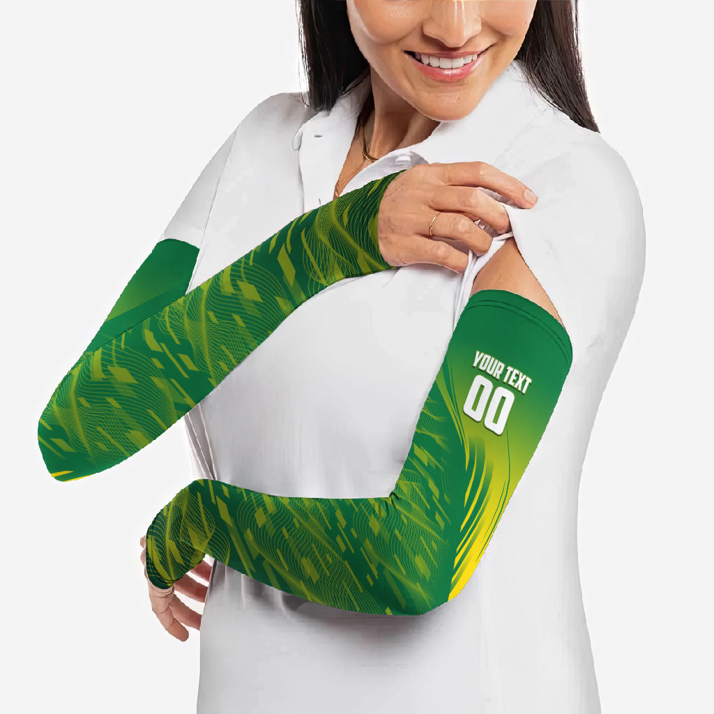 Personalized Socceroos Sport Arm Sleeves Green Gold Dynamic Wave Pattern