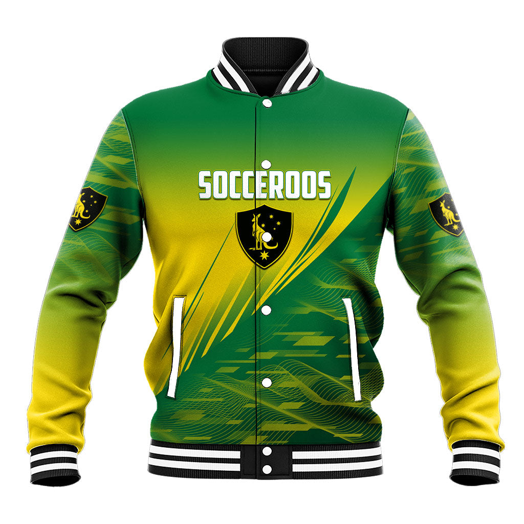 Personalized Socceroos Sport Baseball Jacket Green Gold Dynamic Wave Pattern