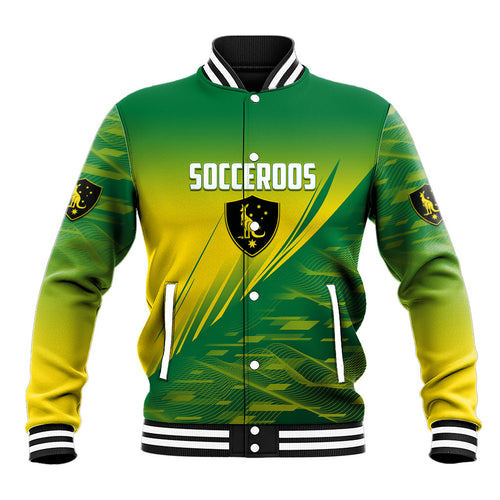 Personalized Socceroos Sport Baseball Jacket Green Gold Dynamic Wave Pattern