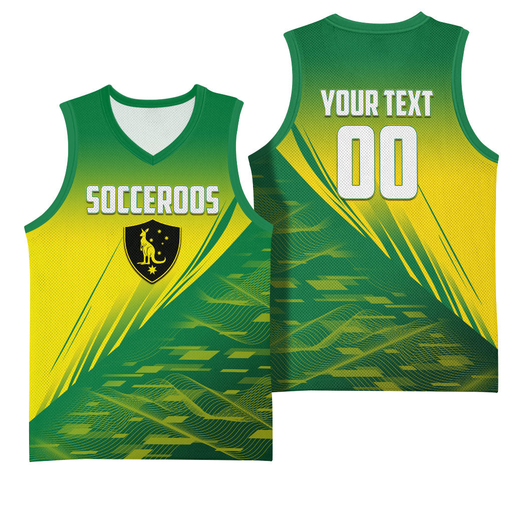 Personalized Socceroos Sport Basketball Jersey Green Gold Dynamic Wave Pattern