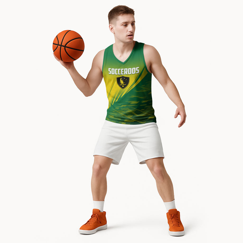 Personalized Socceroos Sport Basketball Jersey Green Gold Dynamic Wave Pattern