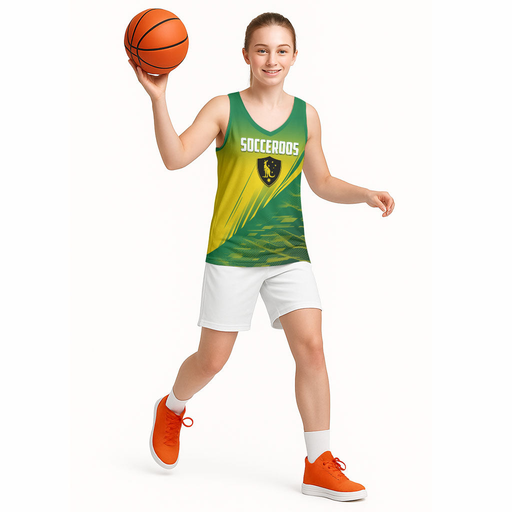 Personalized Socceroos Sport Basketball Jersey Green Gold Dynamic Wave Pattern