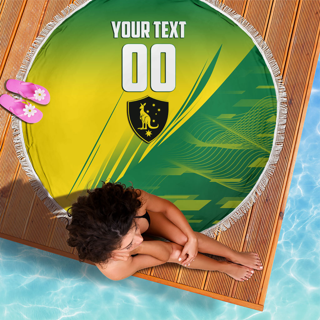 Personalized Socceroos Sport Beach Blanket Green Gold Dynamic Wave Pattern