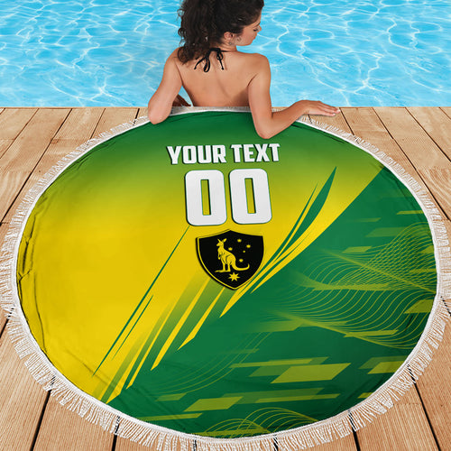 Personalized Socceroos Sport Beach Blanket Green Gold Dynamic Wave Pattern