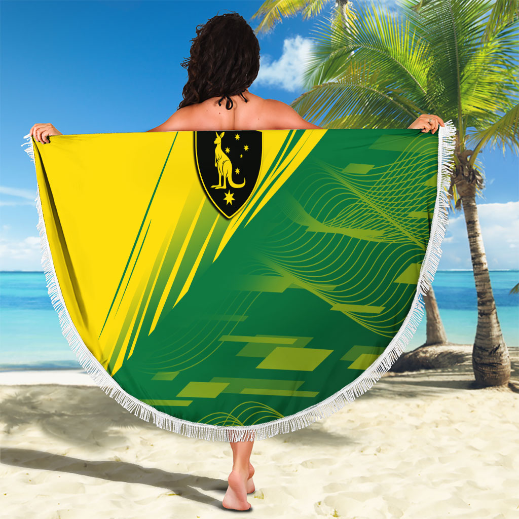 Personalized Socceroos Sport Beach Blanket Green Gold Dynamic Wave Pattern