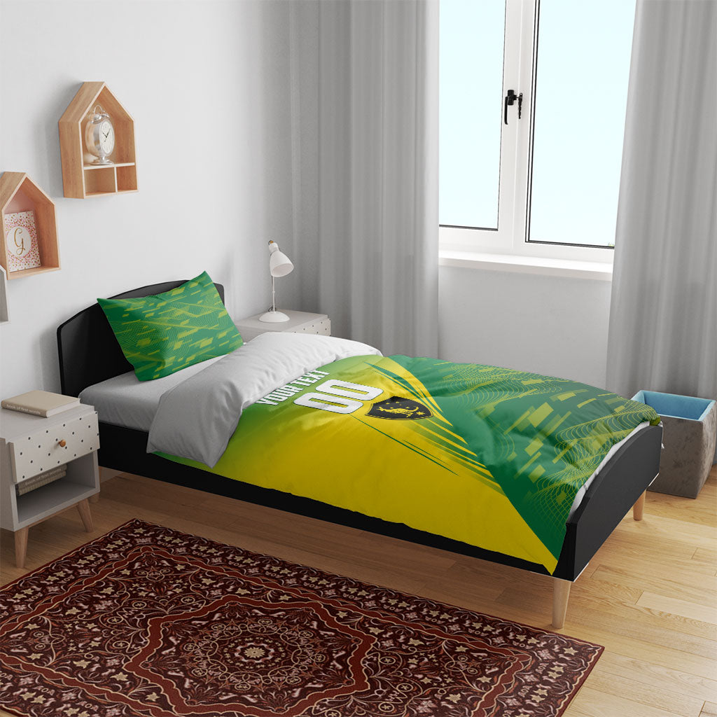 Personalized Socceroos Sport Bedding Set Green Gold Dynamic Wave Pattern