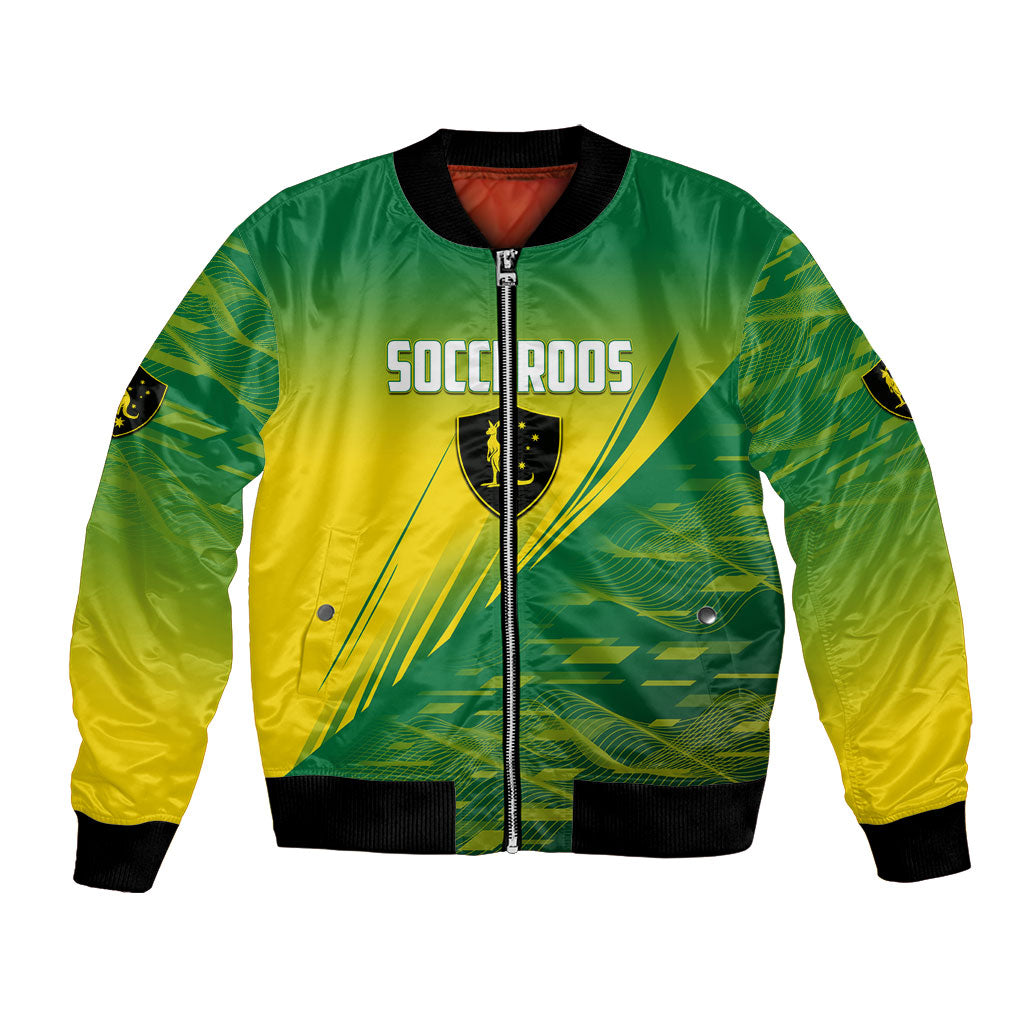 Personalized Socceroos Sport Bomber Jacket Green Gold Dynamic Wave Pattern