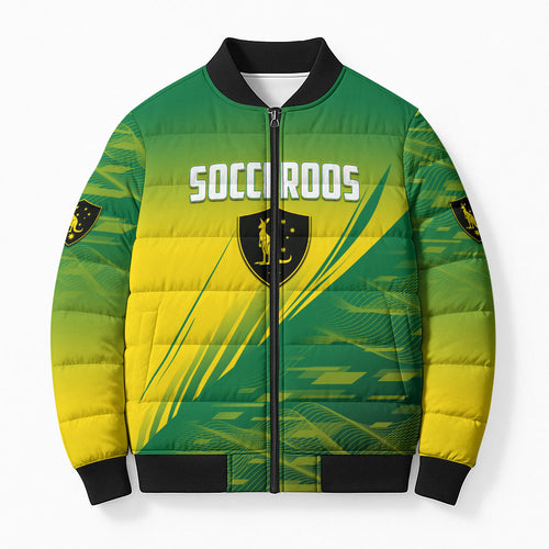 Personalized Socceroos Sport Bomber Puffer Jacket Green Gold Dynamic Wave Pattern