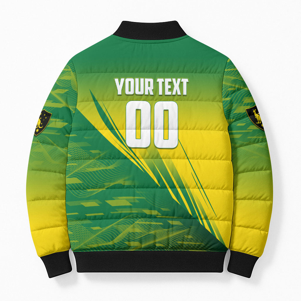 Personalized Socceroos Sport Bomber Puffer Jacket Green Gold Dynamic Wave Pattern
