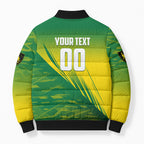 Personalized Socceroos Sport Bomber Puffer Jacket Green Gold Dynamic Wave Pattern