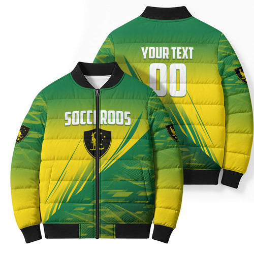 Personalized Socceroos Sport Bomber Puffer Jacket Green Gold Dynamic Wave Pattern