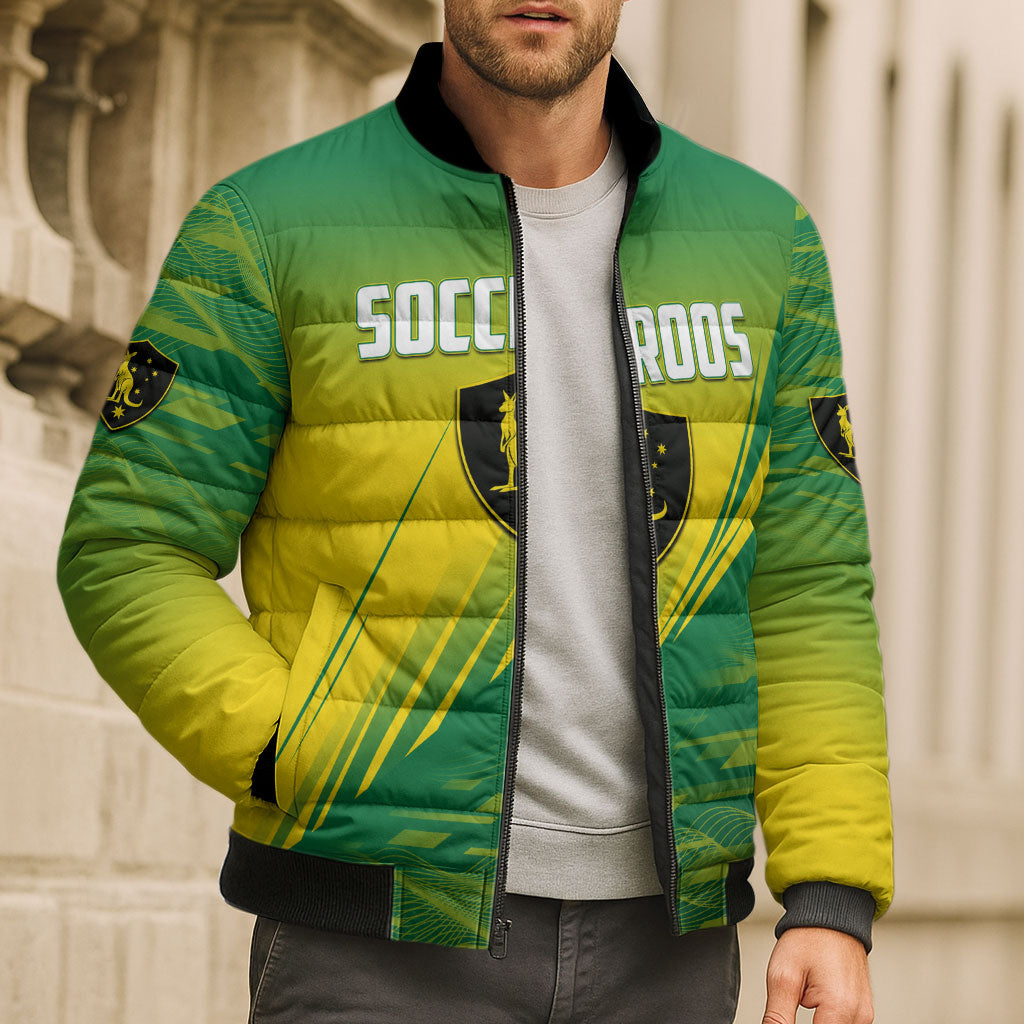 Personalized Socceroos Sport Bomber Puffer Jacket Green Gold Dynamic Wave Pattern