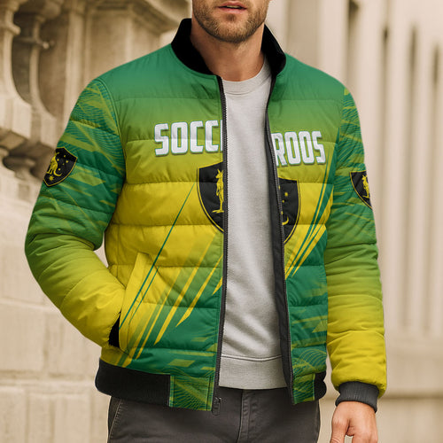 Personalized Socceroos Sport Bomber Puffer Jacket Green Gold Dynamic Wave Pattern