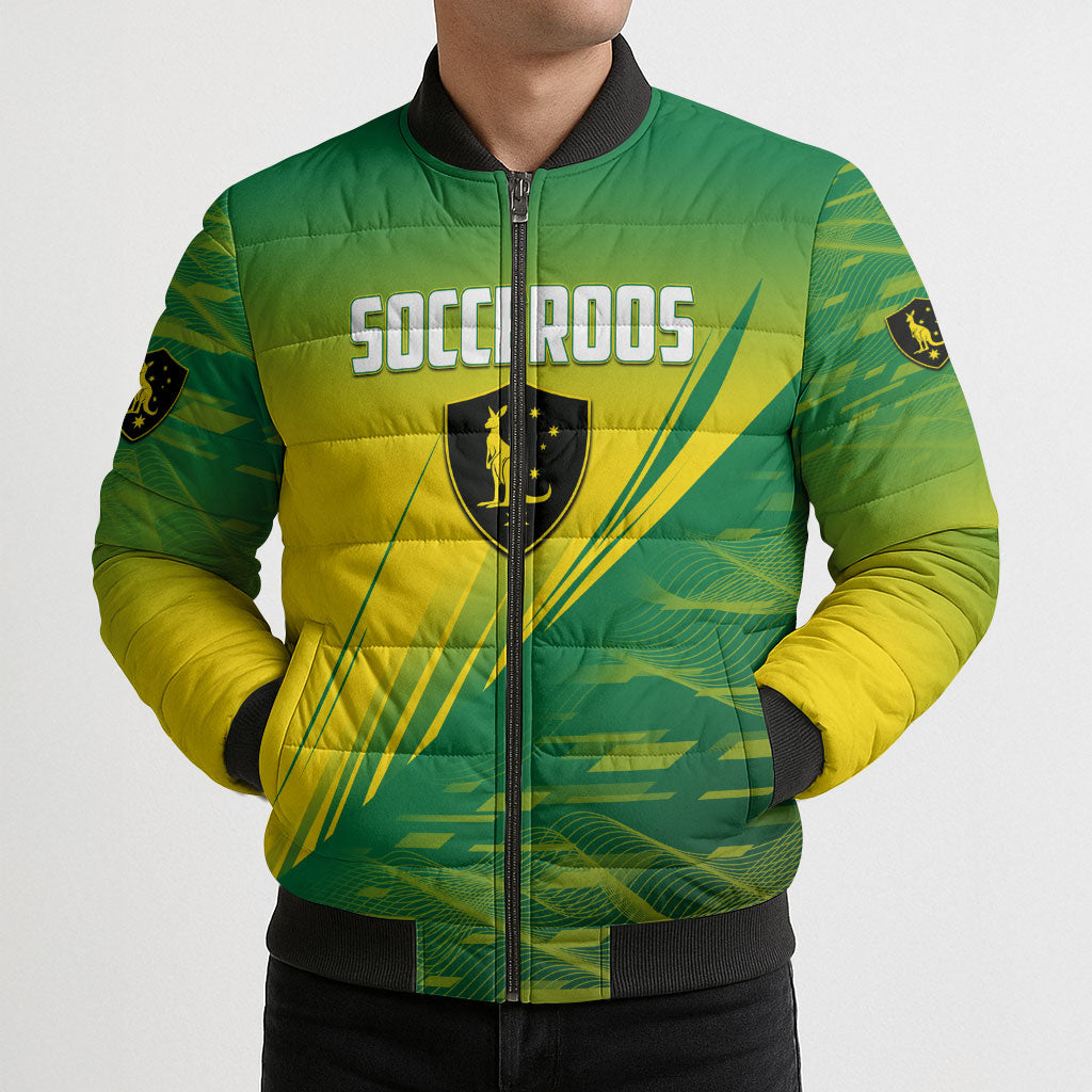 Personalized Socceroos Sport Bomber Puffer Jacket Green Gold Dynamic Wave Pattern