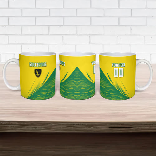 Personalized Socceroos Sport Ceramic Mug Green Gold Dynamic Wave Pattern