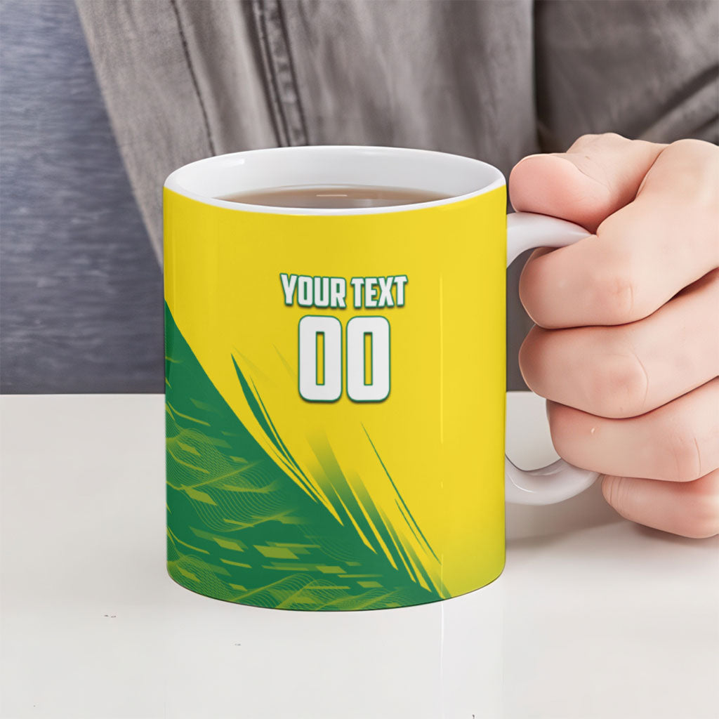 Personalized Socceroos Sport Ceramic Mug Green Gold Dynamic Wave Pattern