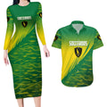 Personalized Socceroos Sport Couples Matching Long Sleeve Bodycon Dress and Hawaiian Shirt Green Gold Dynamic Wave Pattern