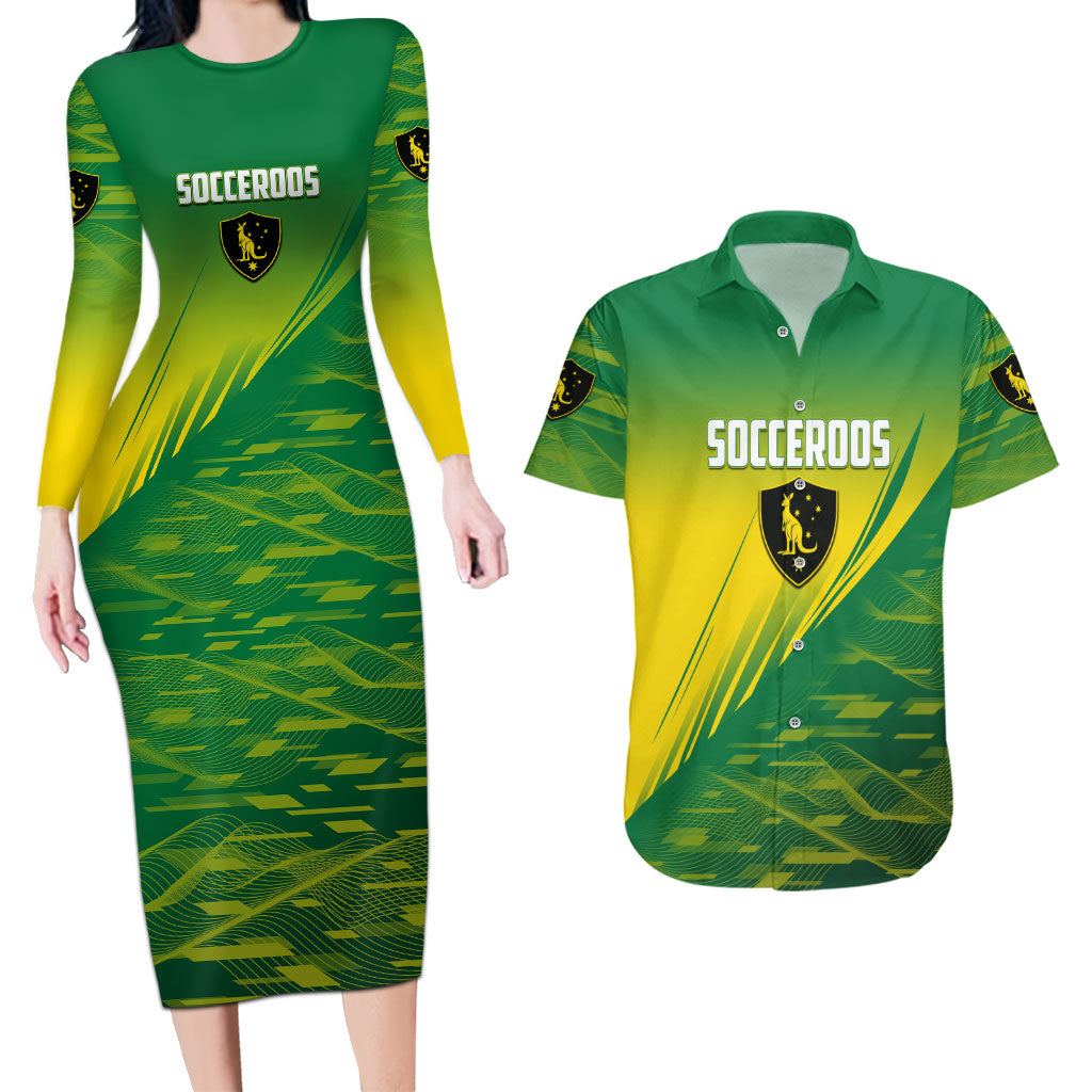 Personalized Socceroos Sport Couples Matching Long Sleeve Bodycon Dress and Hawaiian Shirt Green Gold Dynamic Wave Pattern