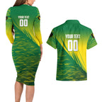 Personalized Socceroos Sport Couples Matching Long Sleeve Bodycon Dress and Hawaiian Shirt Green Gold Dynamic Wave Pattern