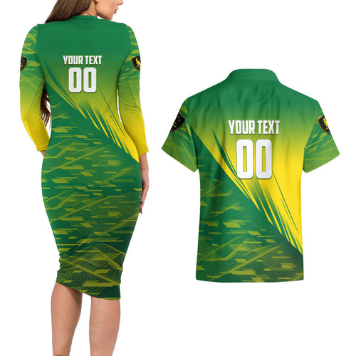 Personalized Socceroos Sport Couples Matching Long Sleeve Bodycon Dress and Hawaiian Shirt Green Gold Dynamic Wave Pattern