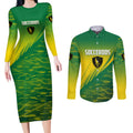 Personalized Socceroos Sport Couples Matching Long Sleeve Bodycon Dress and Long Sleeve Button Shirt Green Gold Dynamic Wave Pattern