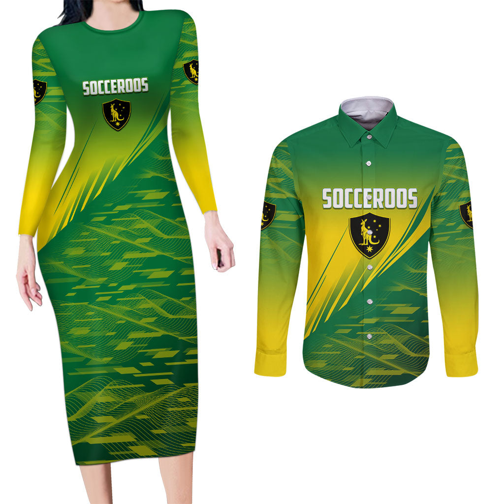 Personalized Socceroos Sport Couples Matching Long Sleeve Bodycon Dress and Long Sleeve Button Shirt Green Gold Dynamic Wave Pattern