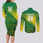 Personalized Socceroos Sport Couples Matching Long Sleeve Bodycon Dress and Long Sleeve Button Shirt Green Gold Dynamic Wave Pattern