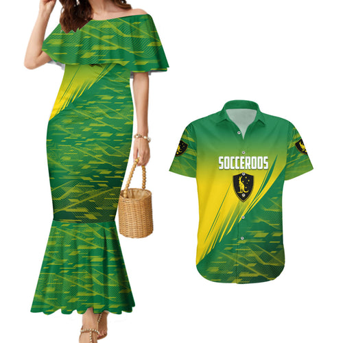 Personalized Socceroos Sport Couples Matching Mermaid Dress and Hawaiian Shirt Green Gold Dynamic Wave Pattern