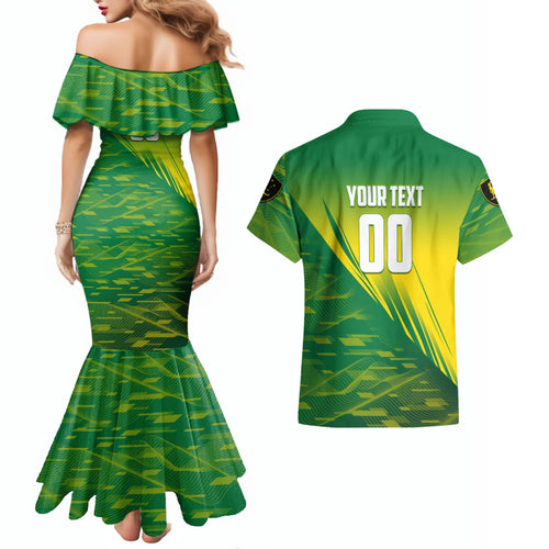 Personalized Socceroos Sport Couples Matching Mermaid Dress and Hawaiian Shirt Green Gold Dynamic Wave Pattern