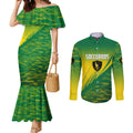Personalized Socceroos Sport Couples Matching Mermaid Dress and Long Sleeve Button Shirt Green Gold Dynamic Wave Pattern