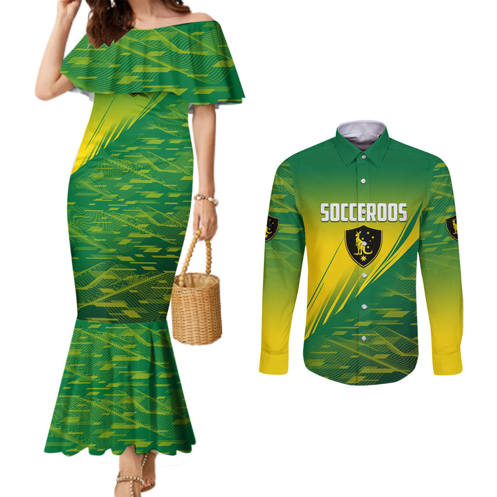 Personalized Socceroos Sport Couples Matching Mermaid Dress and Long Sleeve Button Shirt Green Gold Dynamic Wave Pattern