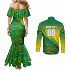 Personalized Socceroos Sport Couples Matching Mermaid Dress and Long Sleeve Button Shirt Green Gold Dynamic Wave Pattern