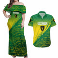Personalized Socceroos Sport Couples Matching Off Shoulder Maxi Dress and Hawaiian Shirt Green Gold Dynamic Wave Pattern