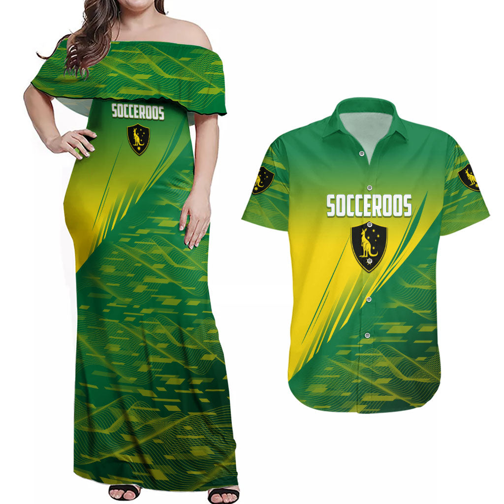 Personalized Socceroos Sport Couples Matching Off Shoulder Maxi Dress and Hawaiian Shirt Green Gold Dynamic Wave Pattern