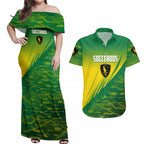 Personalized Socceroos Sport Couples Matching Off Shoulder Maxi Dress and Hawaiian Shirt Green Gold Dynamic Wave Pattern