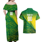Personalized Socceroos Sport Couples Matching Off Shoulder Maxi Dress and Hawaiian Shirt Green Gold Dynamic Wave Pattern