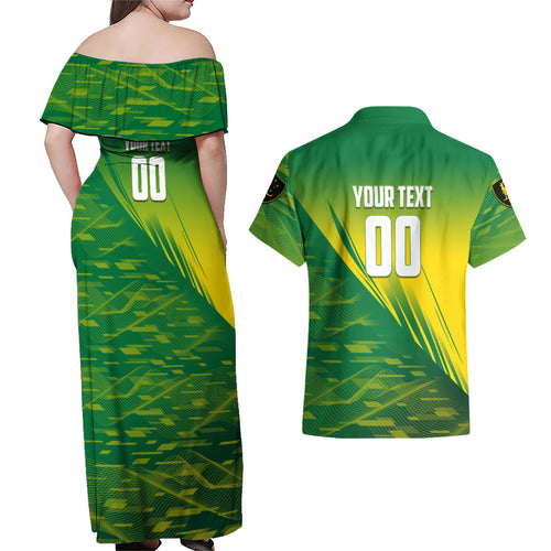 Personalized Socceroos Sport Couples Matching Off Shoulder Maxi Dress and Hawaiian Shirt Green Gold Dynamic Wave Pattern