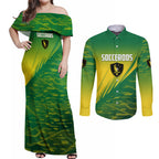 Personalized Socceroos Sport Couples Matching Off Shoulder Maxi Dress and Long Sleeve Button Shirt Green Gold Dynamic Wave Pattern