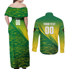 Personalized Socceroos Sport Couples Matching Off Shoulder Maxi Dress and Long Sleeve Button Shirt Green Gold Dynamic Wave Pattern