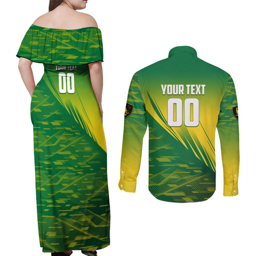 Personalized Socceroos Sport Couples Matching Off Shoulder Maxi Dress and Long Sleeve Button Shirt Green Gold Dynamic Wave Pattern
