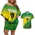 Personalized Socceroos Sport Couples Matching Off Shoulder Short Dress and Hawaiian Shirt Green Gold Dynamic Wave Pattern