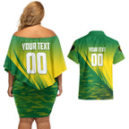 Personalized Socceroos Sport Couples Matching Off Shoulder Short Dress and Hawaiian Shirt Green Gold Dynamic Wave Pattern